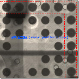 BGA錫球尺寸小于0.4mm，采用降低BGA內圍襲球的錫膏量所得到X-Ray，稍微留意一下可以發(fā)現最外圈的錫量(圓的直徑)比其他內圍的錫球上的錫量來得多一點點。也就是外圈的黑色圓形直徑比內圈的圓形來得大一點點。
