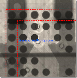 BGA錫球尺寸小于0.4mm，采用降低BGA內圍襲球的錫膏量所得到X-Ray，稍微留意一下可以發(fā)現最外圈的錫量(圓的直徑)比其他內圍的錫球上的錫量來得多一點點。也就是外圈的黑色圓形直徑比內圈的圓形來得大一點點。