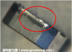 使用錫(Sn)鍍層的電源電感器(Power Inductors)，經(jīng)過推力測試后，其焊點還保留在零件的端點上，所以推力比較高。
