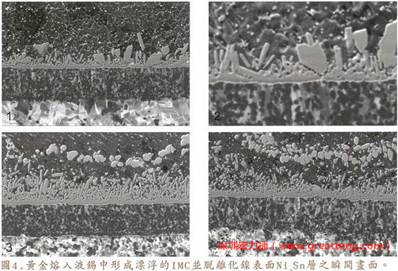 下面四張圖片為放大4500倍的SEM圖像，說(shuō)明在回流焊爐熱量不足的情況下，黃金成份正要從鎳層分離融入焊錫之中的瞬間，當(dāng)零件遭受外力沖擊的時(shí)候就極有可能從這一整排AuSn、、AuSn2或AuSn4的IMC處裂開(kāi)。