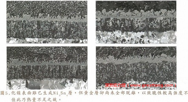 下面四圖顯示，當(dāng)焊接的熱量不足或未持續(xù)時(shí)，雖然Ni3Sn4的薄薄IMC層已經(jīng)生成而焊牢，但也會(huì)因?yàn)锳uSn及AuSn2還未來(lái)得及逸走，而停留在共金介面附近，當(dāng)有外力拉扯的時(shí)候，就很容易斷裂開(kāi)來(lái)。這就是為何ENIG的焊點(diǎn)強(qiáng)度，始終不如銅面焊點(diǎn)(Cu6Sn5)來(lái)得更為牢固的主因之一。