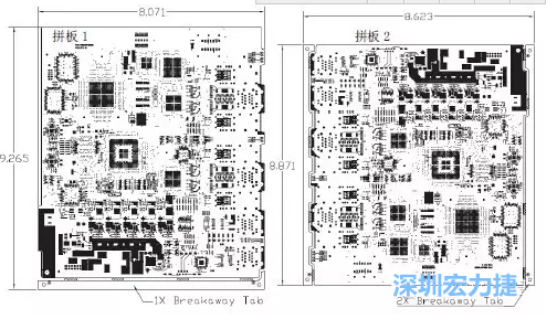 如圖7所示是使用不同數(shù)量邊條的拼板，拼板1僅使用了一個邊條，直接利用PCB另一邊作為SMT工藝傳送邊，并且PCB圖形中有合適的安裝孔；而拼板2則是按常規(guī)設計了兩個邊條。拼板方式為連接筋。圖中“Breakaway Tab”指邊條-深圳宏力捷