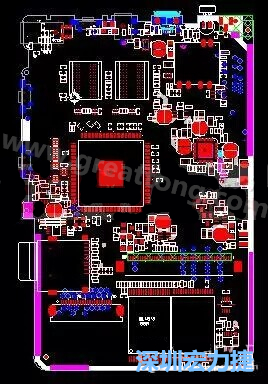 上圖是一個(gè)開發(fā)板的PCB，從布局中可以看出各個(gè)接口電路分離很明確，SDRAM和DDR以及SD卡接口電路等走線不會(huì)造成相互的干擾。-深圳宏力捷