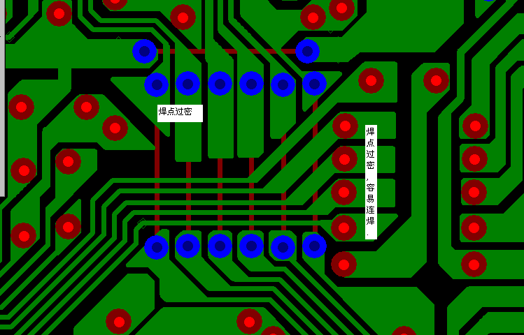 PCB設(shè)計(jì)焊點(diǎn)過密，易造成波峰連焊，焊點(diǎn)間漏電