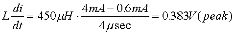 舉例來說，一個閘在"ON"而載有4mA的電流時，突然開關(guān)切到"OFF"且現(xiàn)在載有0.6mA的電流，假設開關(guān)時間為4msec，載有450mH的電感信號的導體，此時所產(chǎn)生的電壓突波為