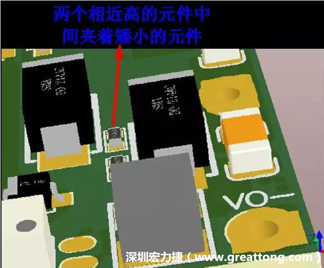 放置器件時(shí)要考慮以后的焊接和維修，兩個(gè)高度高的元件之間盡量避免放置矮小的元件