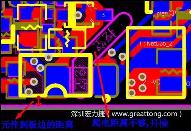 如果碰到模塊PCB空間有限，爬電距離不夠，可以采用開槽的方式