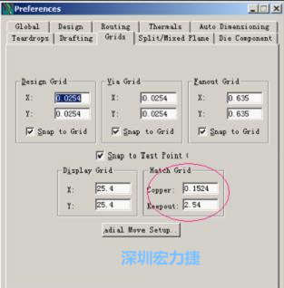 改銅皮的填充網(wǎng)格Global→Design Units，填充方向Drafting→Direction；Hatch Grid中Copper此數(shù)值為大銅箔中所填充的線條中心到中心的距離。