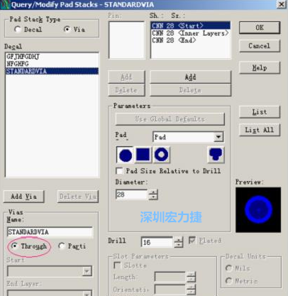 分析文件完成后，點擊菜單Setup→Pad Stacks調(diào)出焊盤堆設(shè)置窗口，將Pad Stack Type改為Via