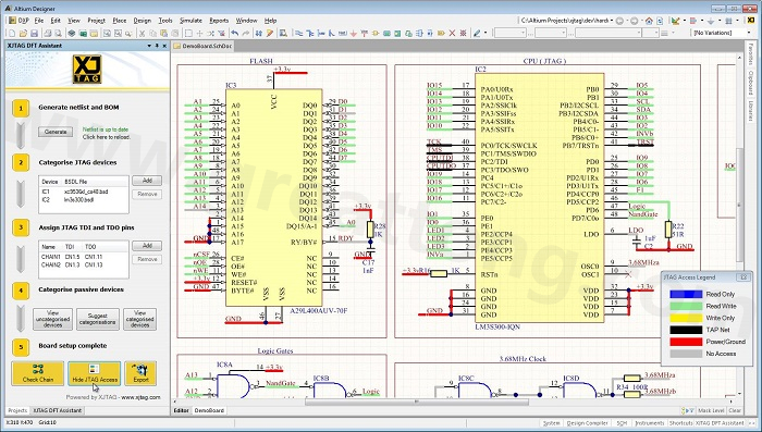 XJTAG DFT Assistant的Access Viewer模式可以清楚地顯示可用的測試存取層級，讓電路板設(shè)計人員在展開PCB布局以前的原理圖擷取階段盡可能地提高測試存取能力
