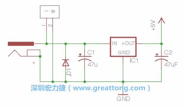 2.5.    新增一個二極體，它會以水平的狀態(tài)出現(xiàn)在屏幕上，請使用「旋轉(zhuǎn)（Rotate）」工具把它負極那一面朝上，并且用「網(wǎng)絡(luò)連接」工具將它連接在電壓調(diào)整器的輸入端和接地端之間。