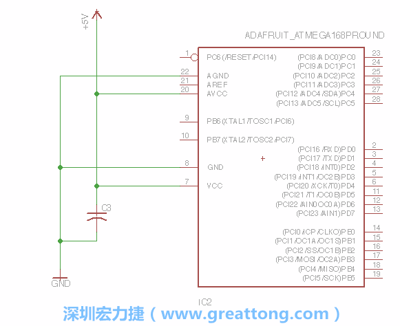 3.1.    新增微控制器晶片（RBBB → ATmega），把它放在電路原理圖的中央附近，把它的兩個(gè)接地接頭連接到接地訊號端。