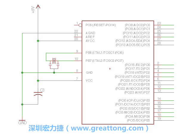 3.2.    在靠近ATmega的電源供應(yīng)針腳7的位置放置一個(gè)0.1μF的電容，將它分別連接電源、接地端和針腳7。