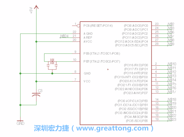 3.3.    將共鳴器（resonator）放置在針腳9和針腳10附近，將它的三個(gè)針腳連接如圖所示，并確認(rèn)最中間的針腳有連到接地端。