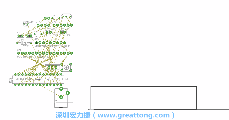 第一次執(zhí)行布線編輯器時，你會發(fā)現(xiàn)有兩個區(qū)塊，左邊的區(qū)塊非常混亂，而右邊的區(qū)塊則是一個長方形的工作區(qū)域，EAGLE免費版會限制你的工作區(qū)域在4” x 3.2”的范圍內(nèi)，如果你試圖將元件擺放在工作區(qū)外的話，就會跳出警示訊息。