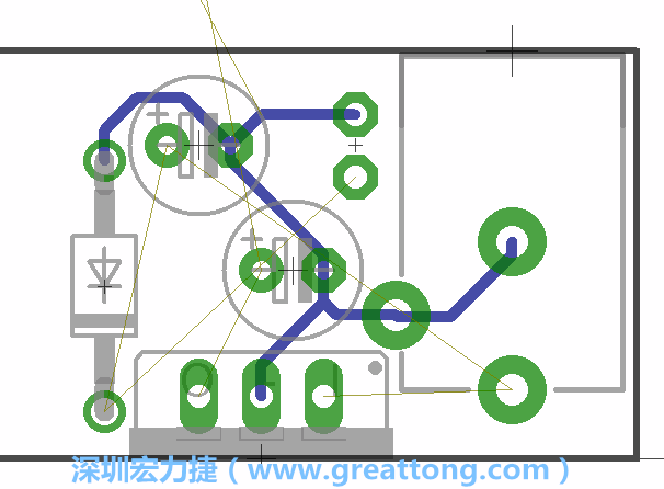 當(dāng)你在擺放元件時，要注意元件間的連結(jié)關(guān)系使用「旋轉(zhuǎn)（Rotate）」工具來讓連結(jié)點更接近、更容易布線。舉例來說，我們可以將這邊的二極體轉(zhuǎn)一個方向來縮短和47μF電容間的連結(jié)距離。