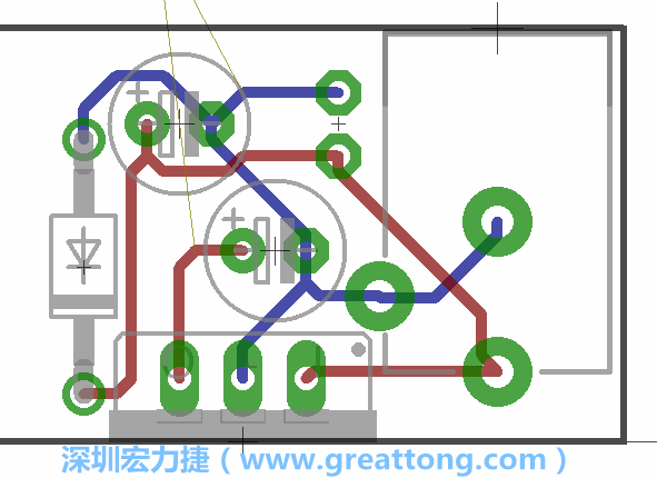 接地連結(jié)點的布線情形如下圖所示，利用這個練習(xí)來避免電路連線銳角化的產(chǎn)生是一個不錯的選擇，你可以在工具列中的彎曲線路（Wire Bend）選項里改變各種布線的變化。