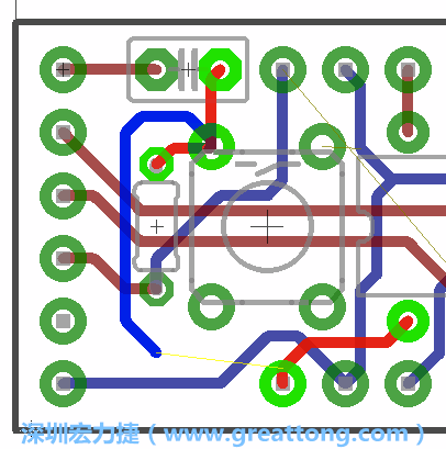 要在電路板正面進(jìn)行+5V信號線連結(jié)和其他連結(jié)點的布線工作是非常容易的，而重置信號線（信號線用來連結(jié)電路板正面左邊的重置開關(guān)）需要經(jīng)過一個可以通過電路板正反兩面的電路通道，這個通道是一個可以讓電路板正反兩面線路連接的一個小孔。