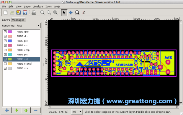 將圖層匯入你的Gerber預(yù)覽工具內(nèi)（下圖為Gerbv），我通常會(huì)從上到下重新排列它們的順序，好讓我比較好校對(duì)：