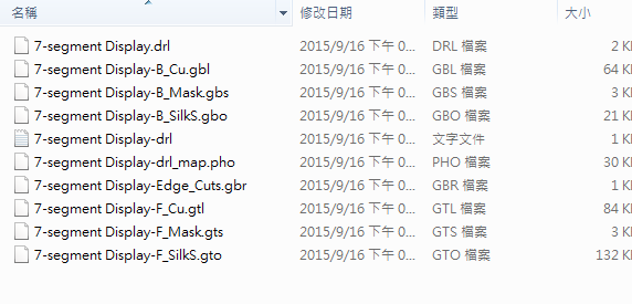 所謂Gerber檔，其實(shí)是包含一群檔案 (如下圖所示)，如包含正反面銅箔層 F.Cu B.Cu.，正反面文字面 F.Silkscreen ，B.Silkscreen，防焊層 SolderMask、板邊裁切Edge.Cuts 等。