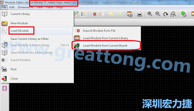 進(jìn)入Module Editor去載入其他Footprint(Module)進(jìn)來， 從目前的Active library (不過要先選取一個Current library ) 載入Module 或從目前正在編輯的PCB載入Module。